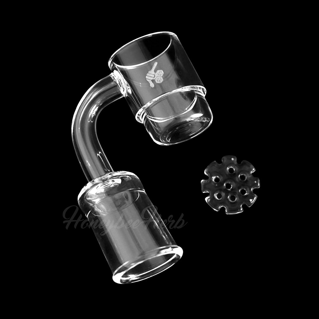 Honeybee Herb Honey Disc Deep Dish Quartz Banger at 90° angle, clear flat top design, 25mm