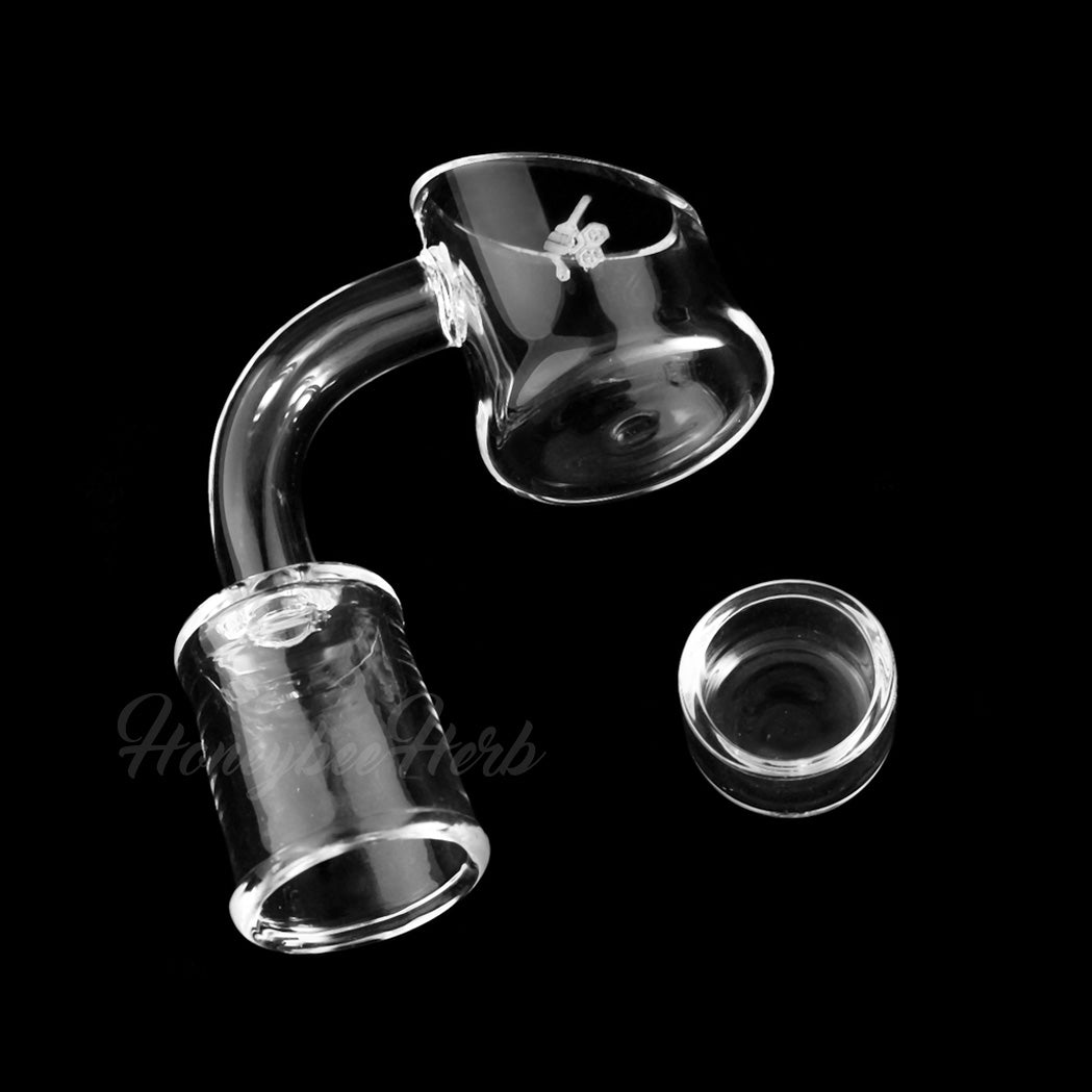 Honeybee Herb Honey Cup Quartz Banger at 90Β° angle, clear, for dab rigs, visible logo, on black background