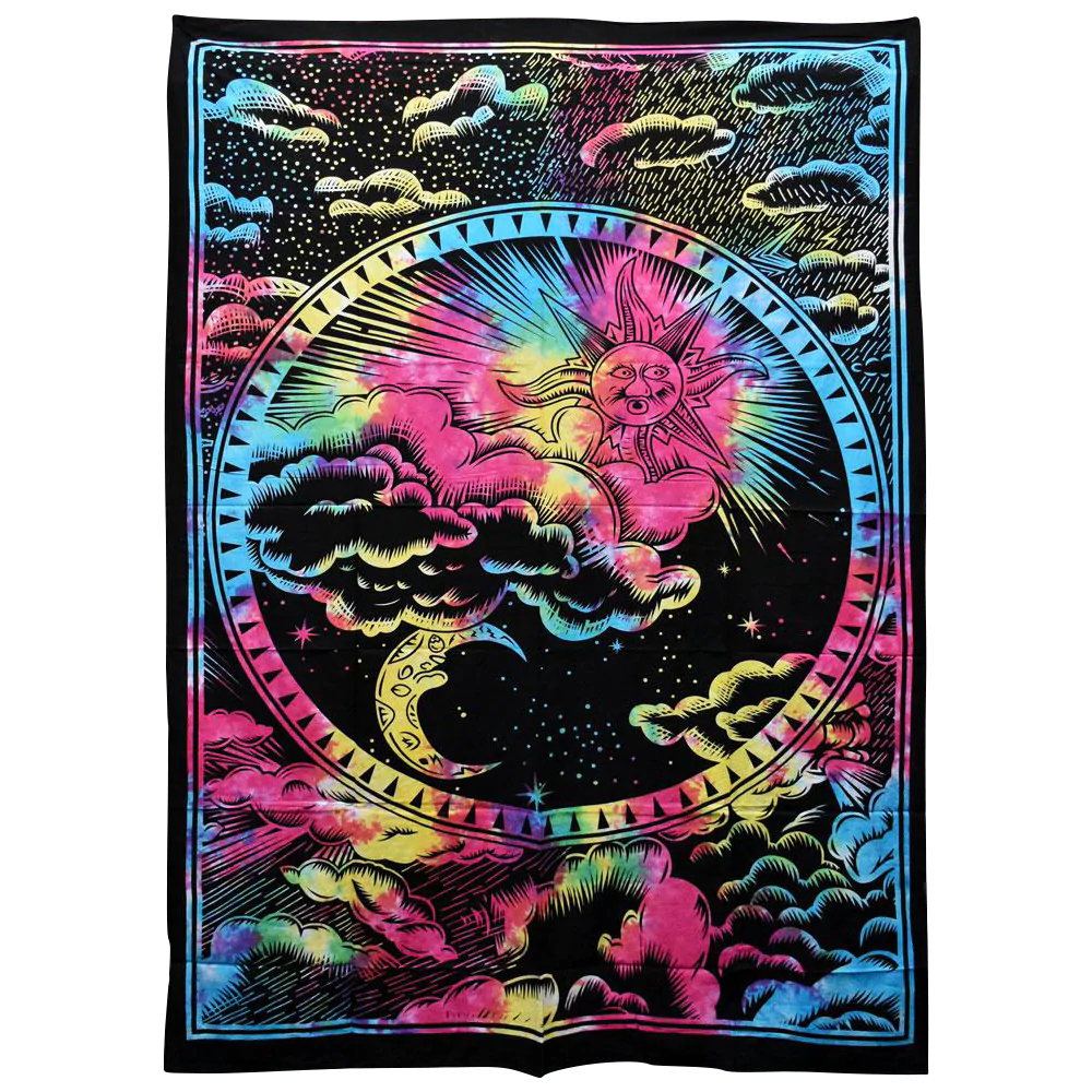 Majestic Sky Cotton Tapestry with vibrant tie-dye design, size 55" x 85", perfect for home decor
