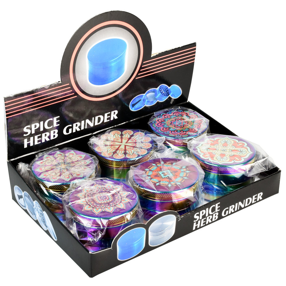 Mandala Anodized 2.5" Steel Grinders 6-Pack, Compact 4-Part Design with Intricate Patterns