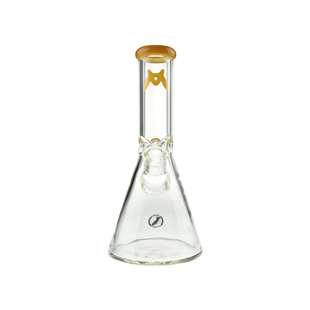 MAV Glass 10" Color Top Beaker Bong in Butter, Front View with Clear Glass and Logo