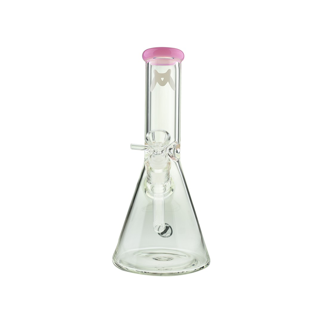 MAV Glass 10" Pink Color Top Beaker Bong, clear glass with deep bowl, front view on white background