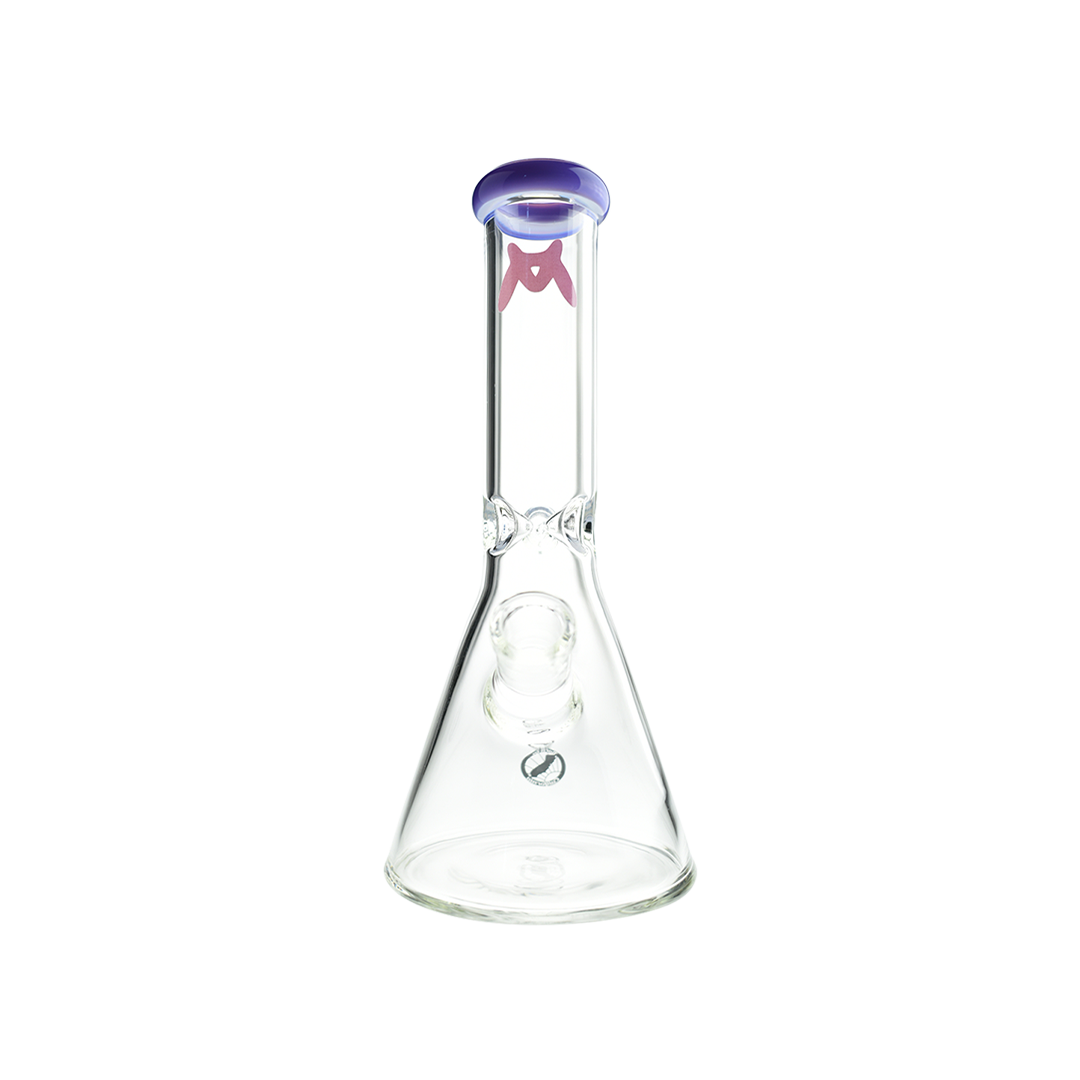 MAV Glass 10" Beaker Bong with Purple Accents, Clear Glass, Front View on White Background