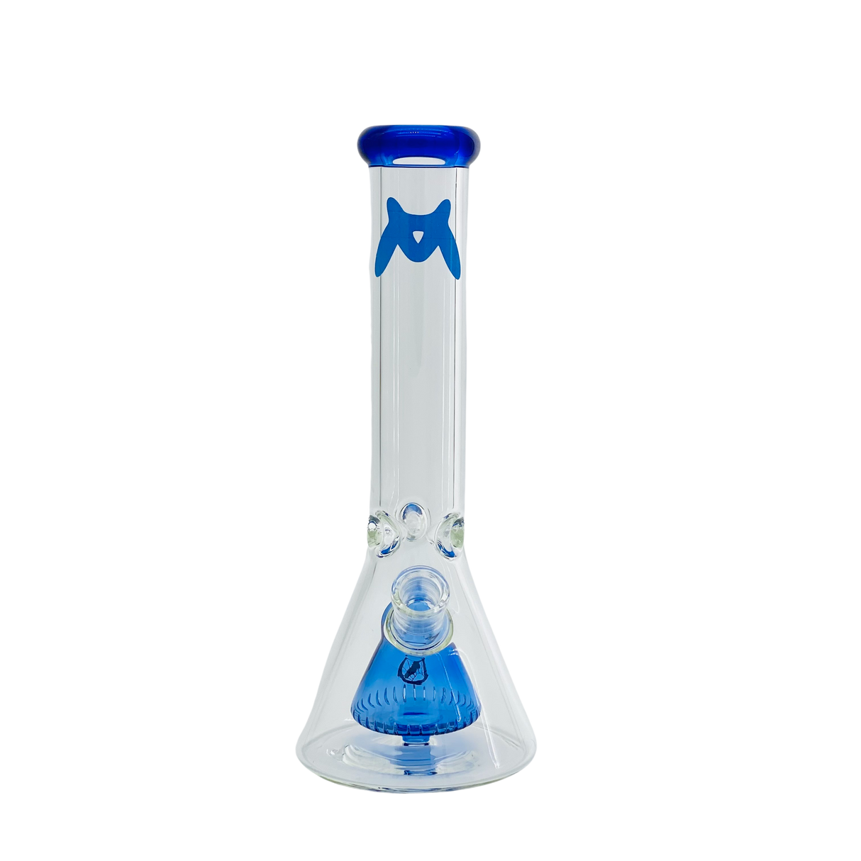 MAV Glass 12" X 7mm Slitted Pyramid Beaker Bong Front View with Blue Accents