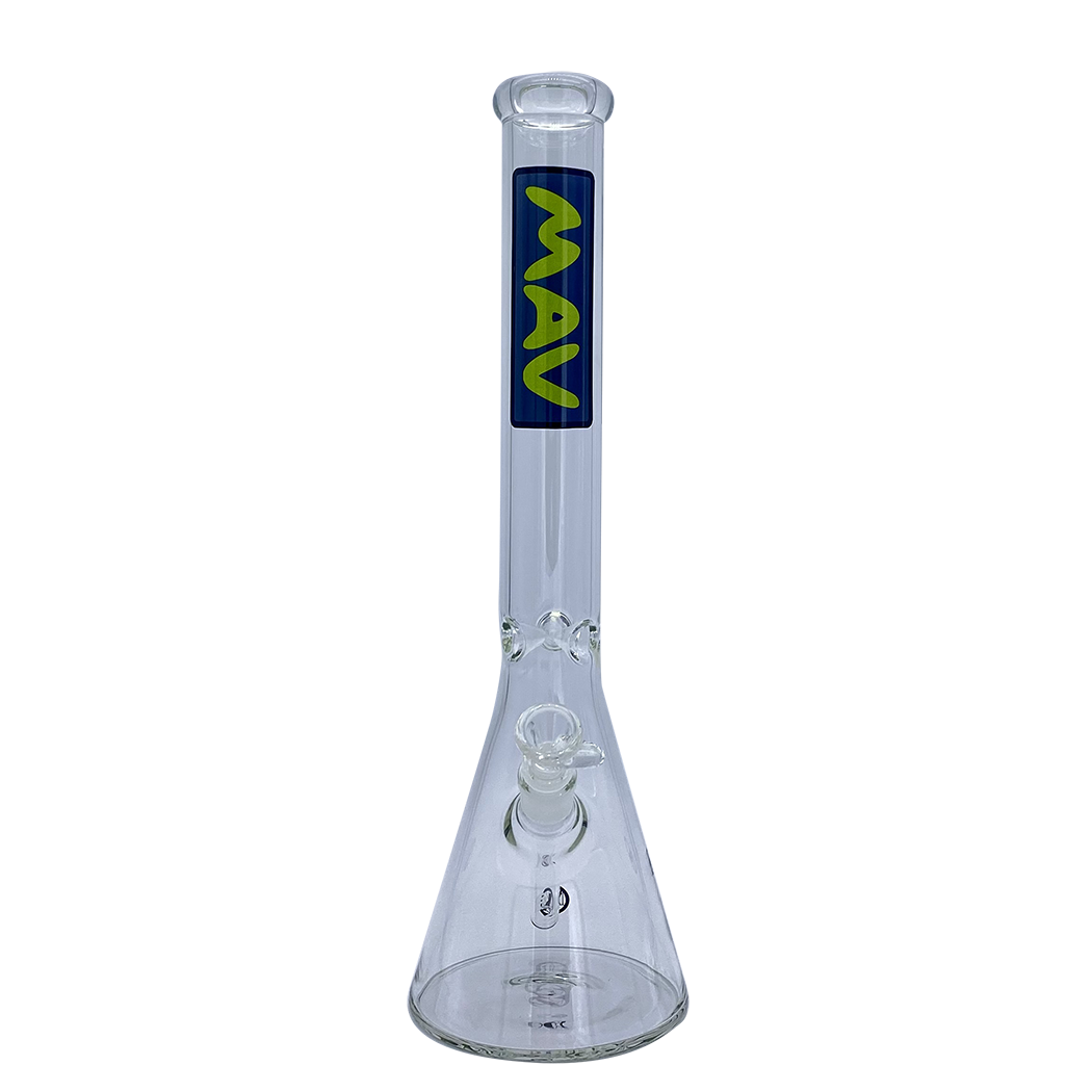 MAV Glass 18" Classic Beaker Bong in Blue with Clear Glass and Mav Slab Logo - Front View