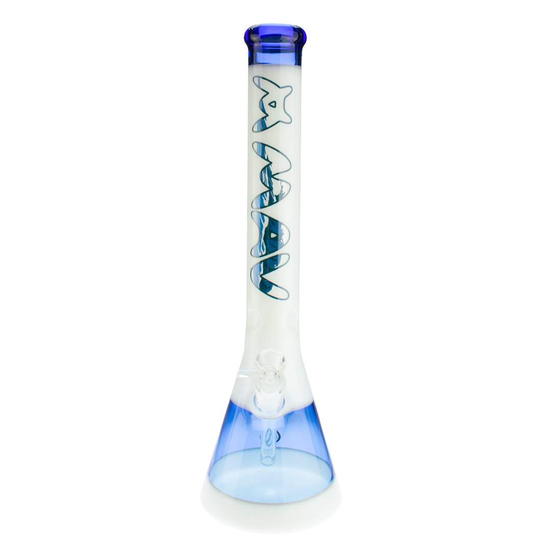 MAV Glass 18" Waves White & Blue Beaker Bong with a thick 5mm glass on white background