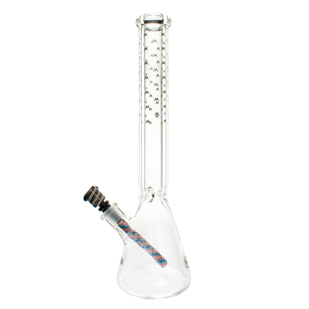 MAV Glass 18" Beaker Bong with Bat Designs and Wig Wag Downstem, Front View on White Background