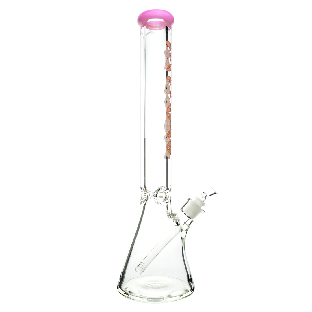 MAV Glass 18" Pink Unicorn Beaker Bong with heavy wall thickness, front view on white background