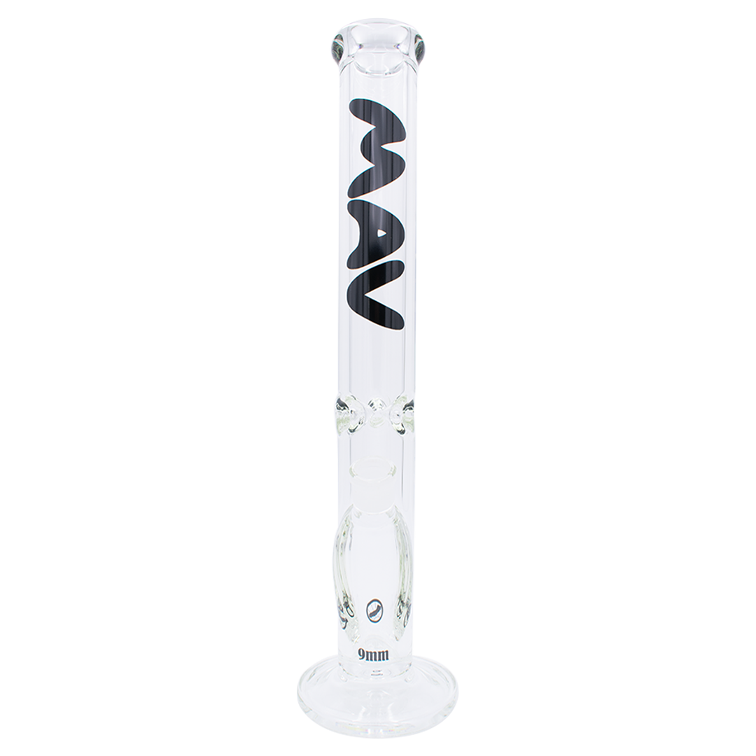 MAV Glass 18" Black Straight Tube Bong, 9mm Thick Glass, Front View on White Background