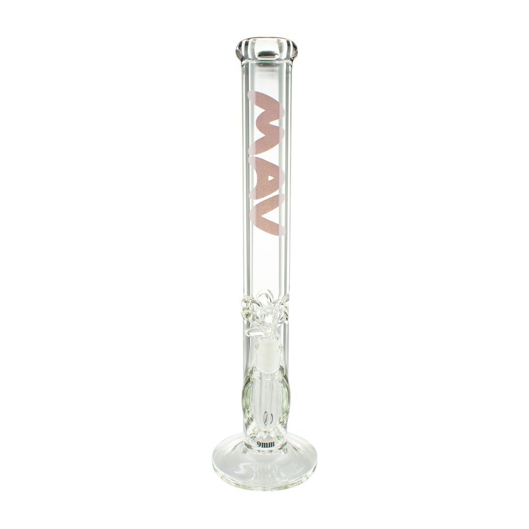 MAV Glass 18" Pink Straight Tube Bong, 9mm Thick Heavy Wall, Front View on White Background