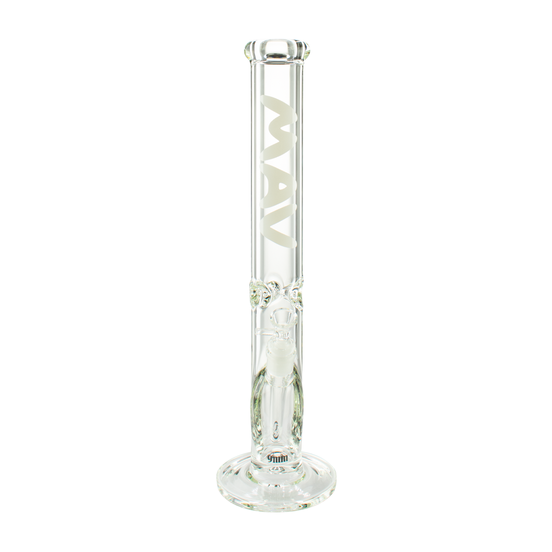 MAV Glass 18" White Straight Tube Bong, 9mm Thick Glass, Front View on Seamless White