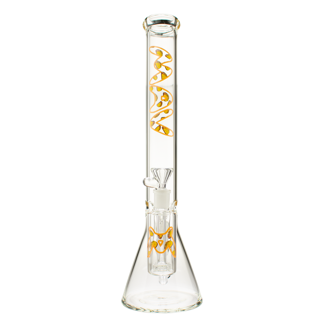MAV Glass 18" Beaker Bong with Ashcatcher in Blue & Gold, Front View on White Background