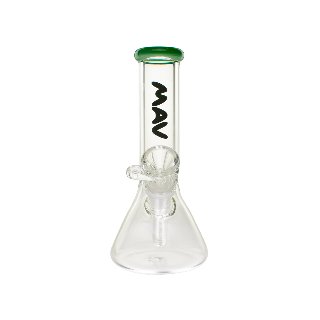 MAV Glass 8" Mini Beaker Bong with Color Top and Clear Base, Front View on White Background