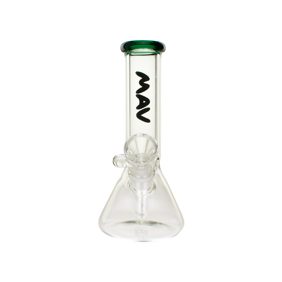 MAV Glass 8" Mini Beaker Bong with Green Color Top, Front View on White Background