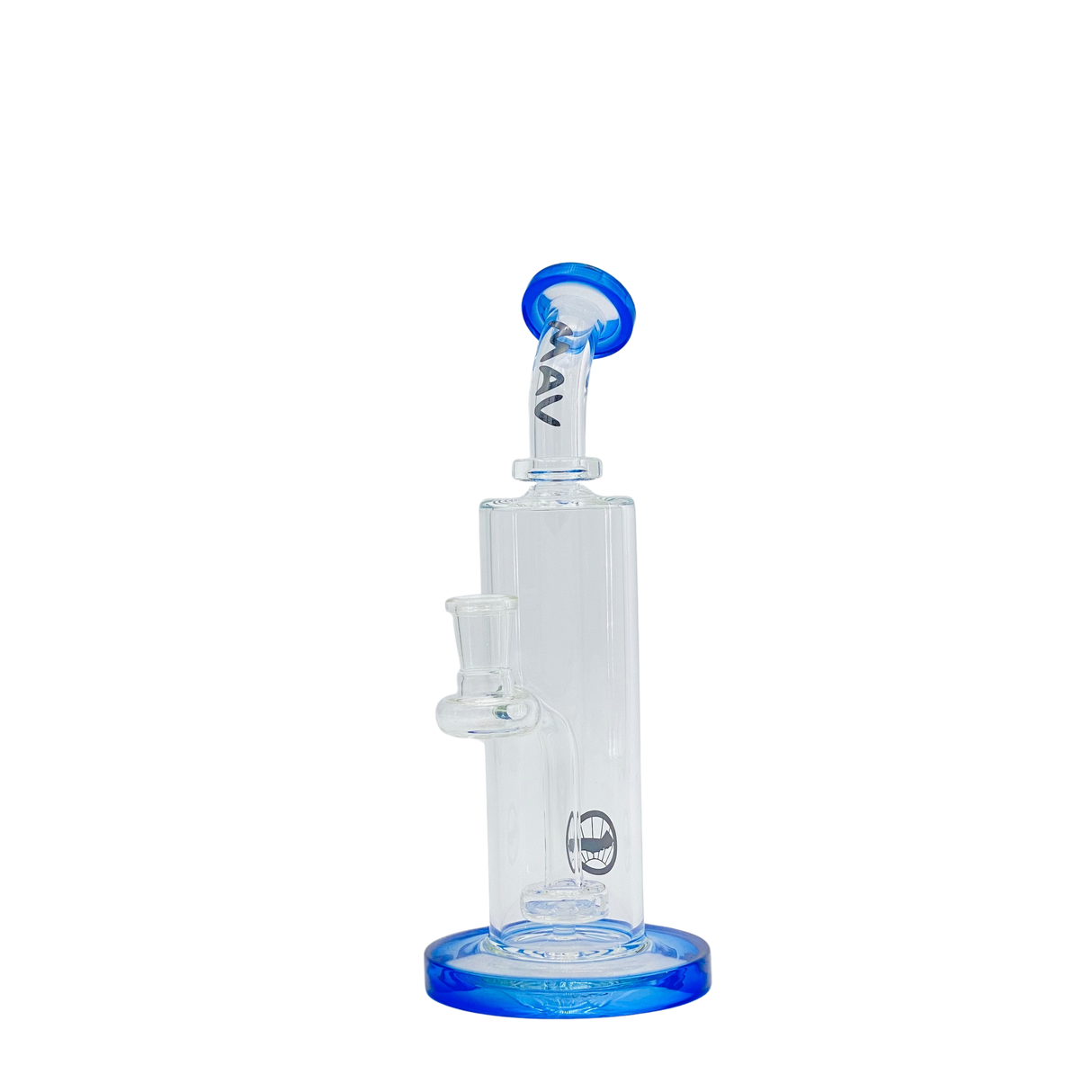 MAV Glass Bent Neck 3-hole Puck Bay Rig in Blue, Front View, 7" Tall with Glass on Glass Joint