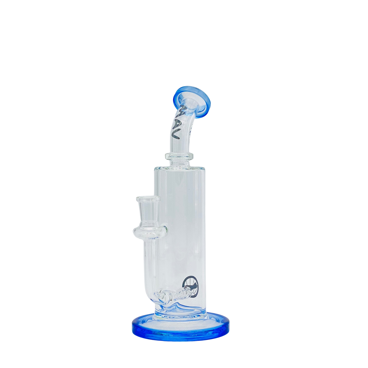 MAV Glass Bent Neck Inline Bay Rig in Blue with In-Line Percolator, 7" Height, Front View