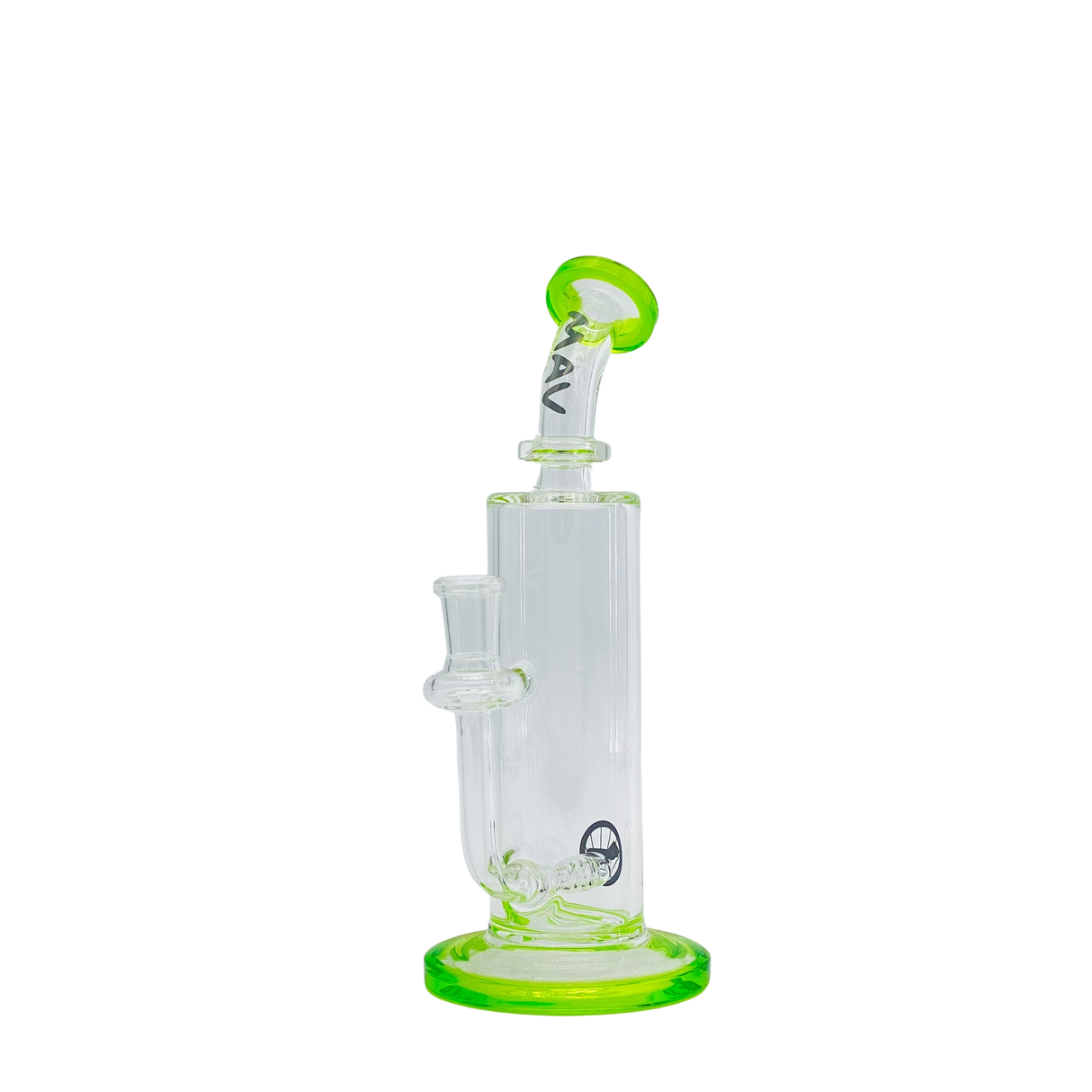 MAV Glass Bent Neck Inline Bay Rig with vibrant green accents and in-line percolator, 7" height, front view.