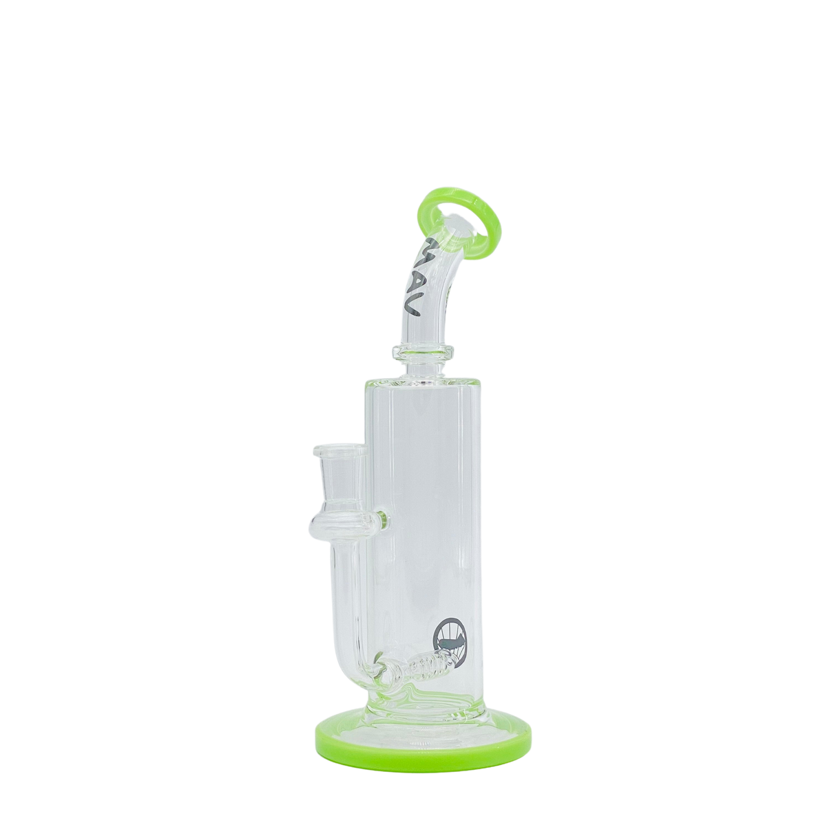 MAV Glass Bent Neck Inline Bay Rig in Slime variant, front view with 7" height and in-line percolator