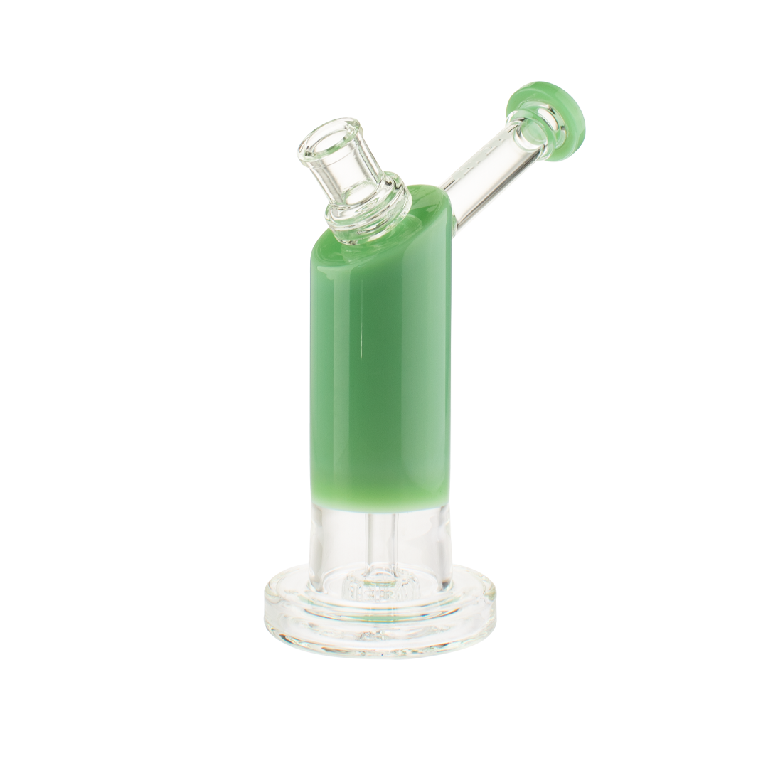 MAV Glass Bent Neck Showerhead Bubbler in Seafoam, 9" height, 14mm female joint, side view