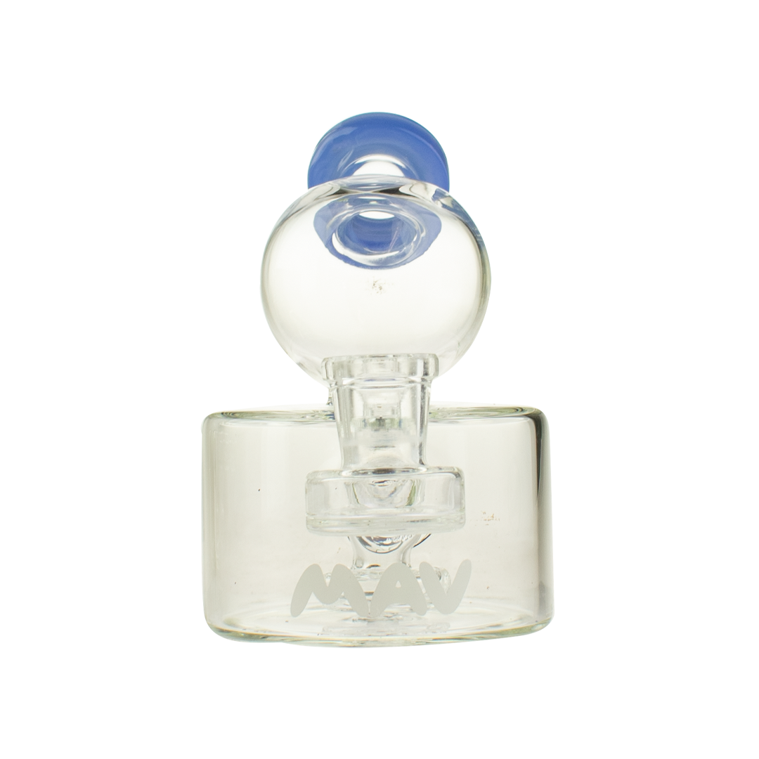 MAV Glass Big Squig Rig with blue accents, 4" tall, 14mm female joint, front view on white background