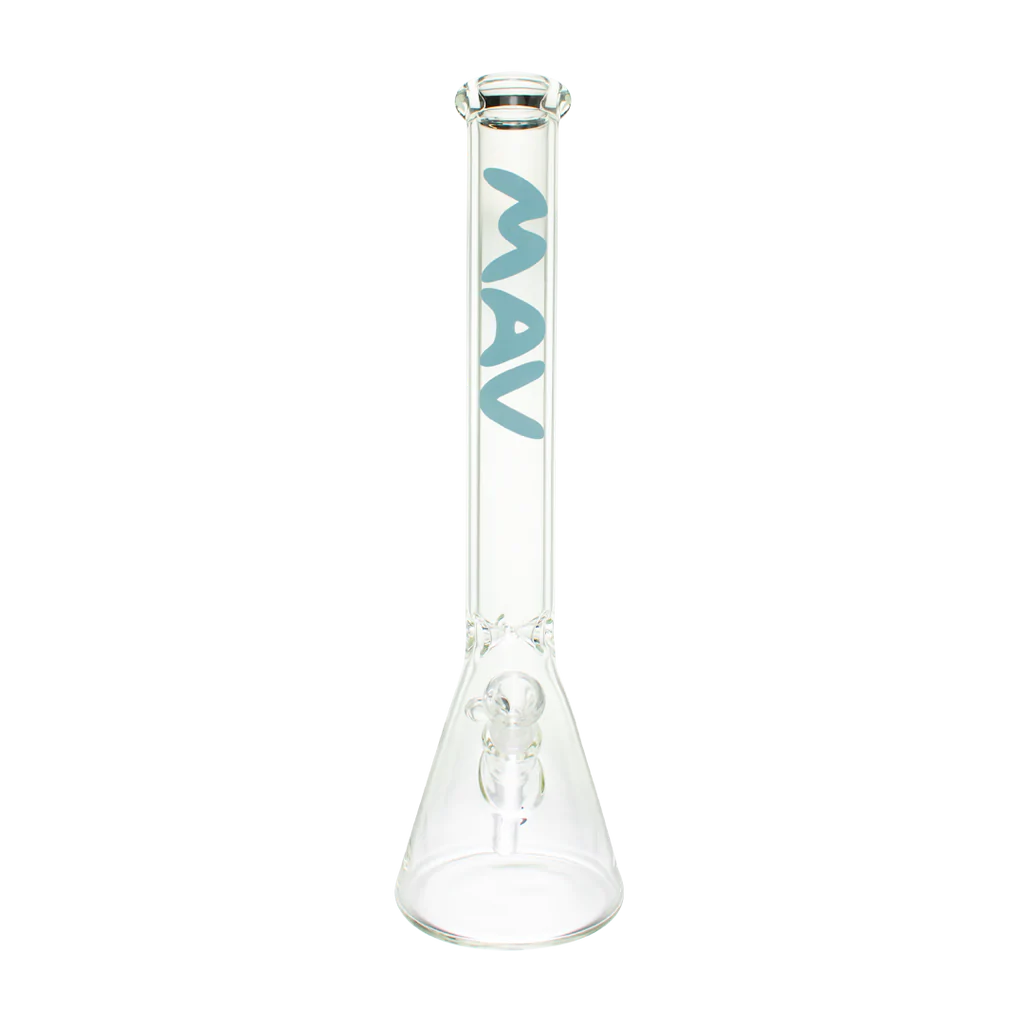 MAV Glass Classic Beaker Bong 18'' with Baby Blue Logo, Front View, 5mm Thick Glass, Slitted Percolator
