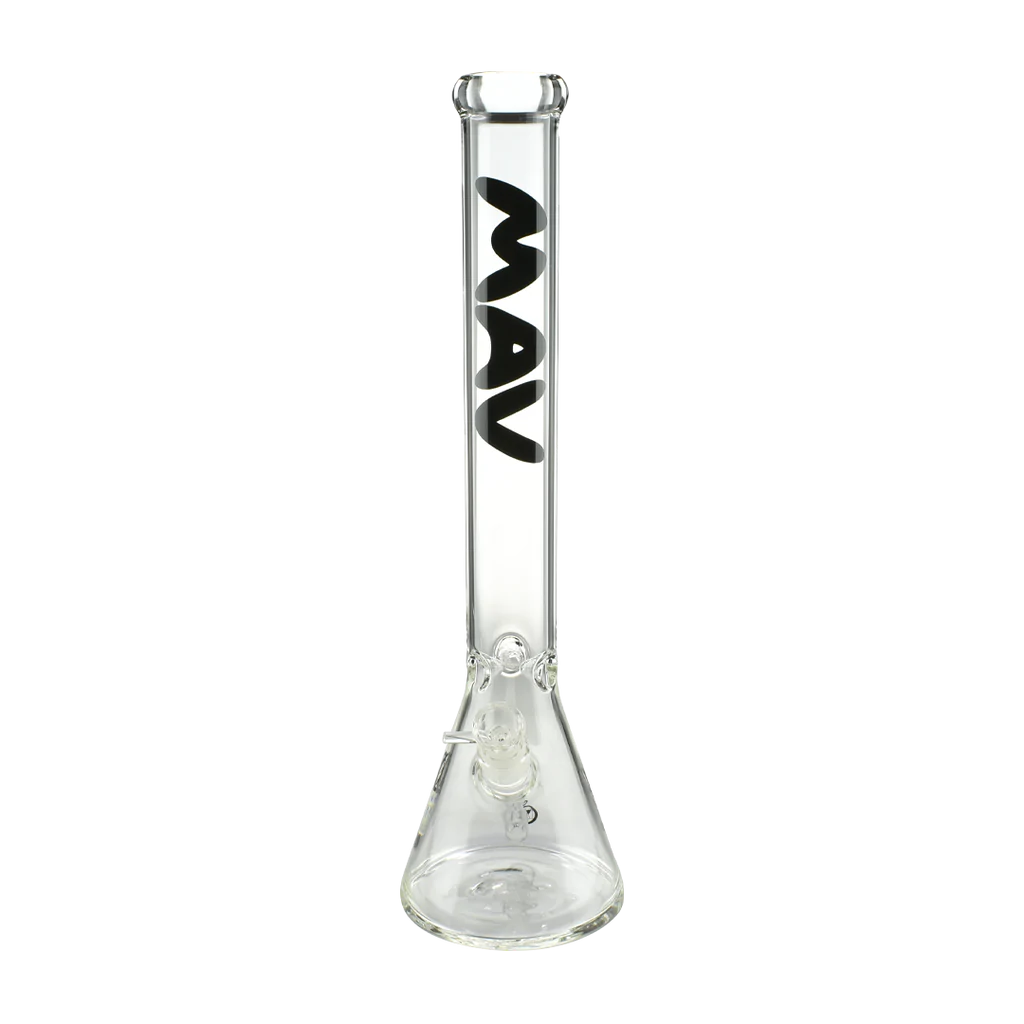 MAV Glass 18'' Classic Beaker Bong with Black Logo, Slitted Percolator, Front View