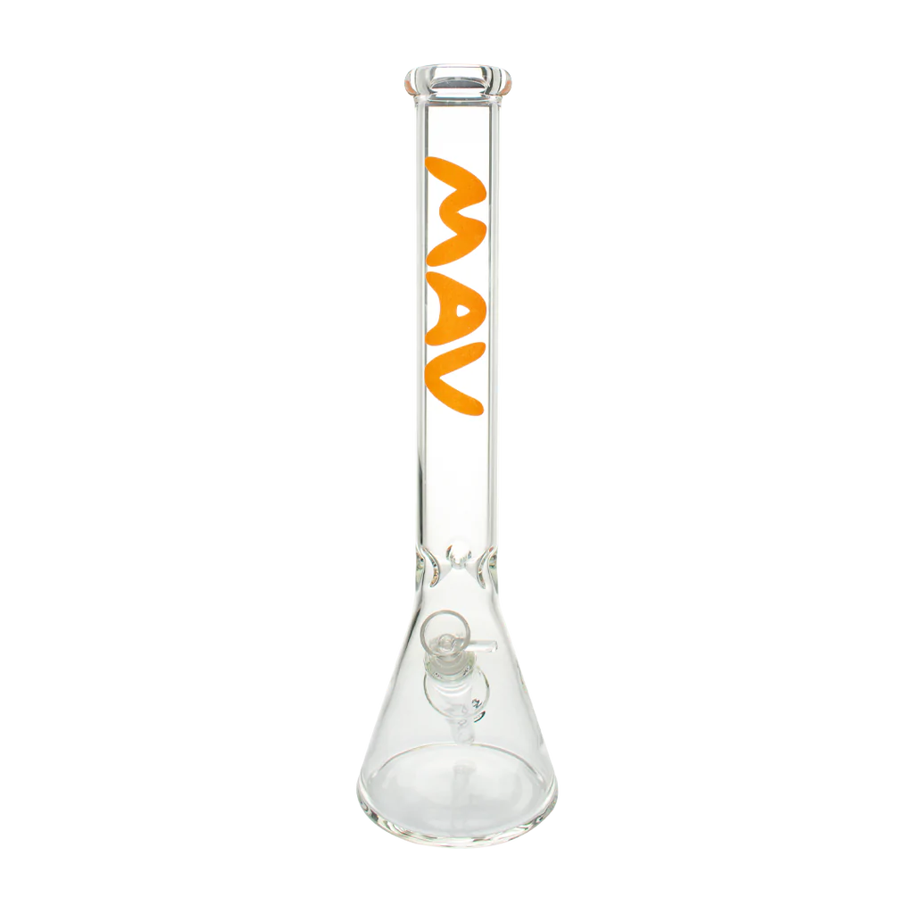 MAV Glass 18'' Classic Beaker Bong with Orange Logo, Front View on Seamless White Background