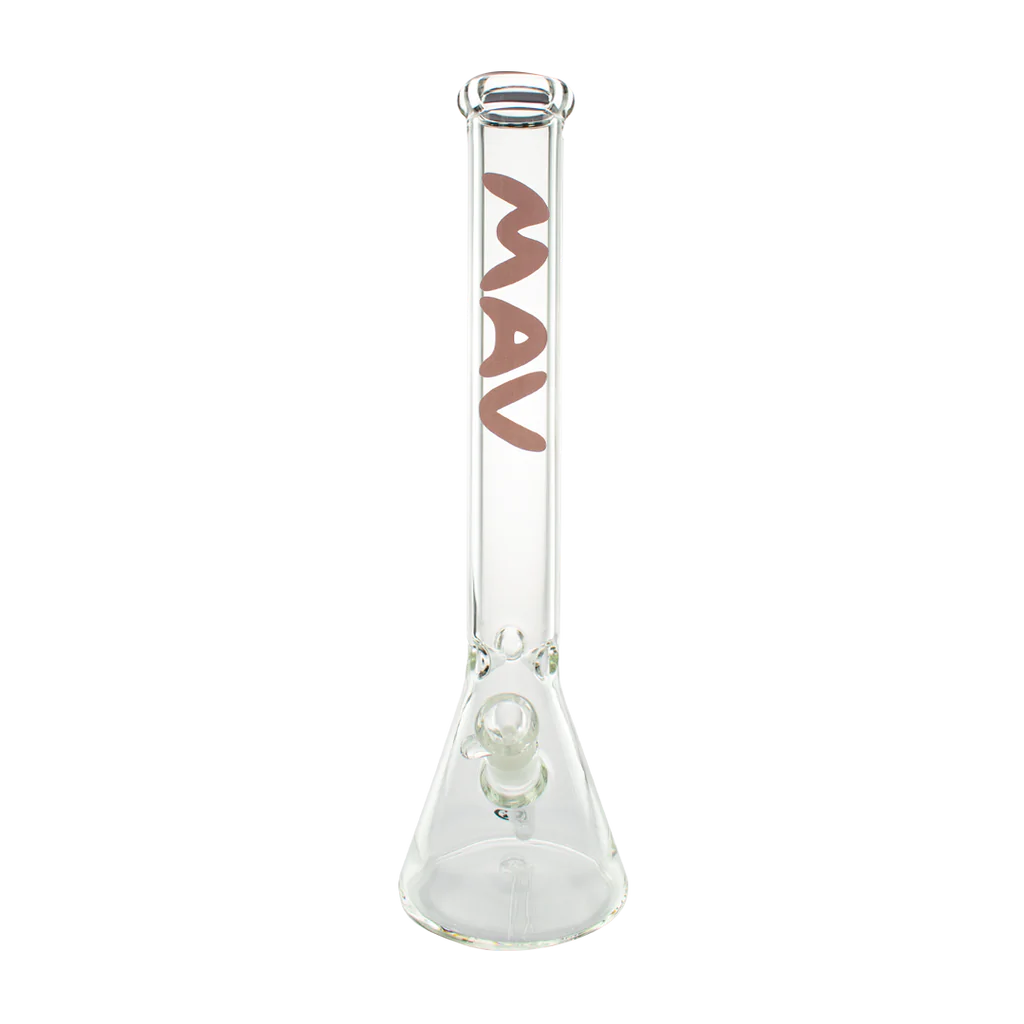 MAV Glass Classic Beaker Bong 18'' with Purple Logo, Front View on White Background