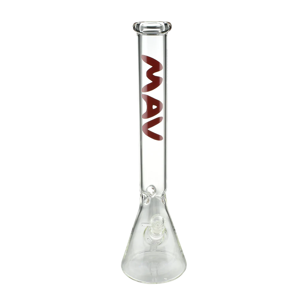 MAV Glass 18'' Classic Beaker Bong with Red Logo, Front View on Seamless White Background