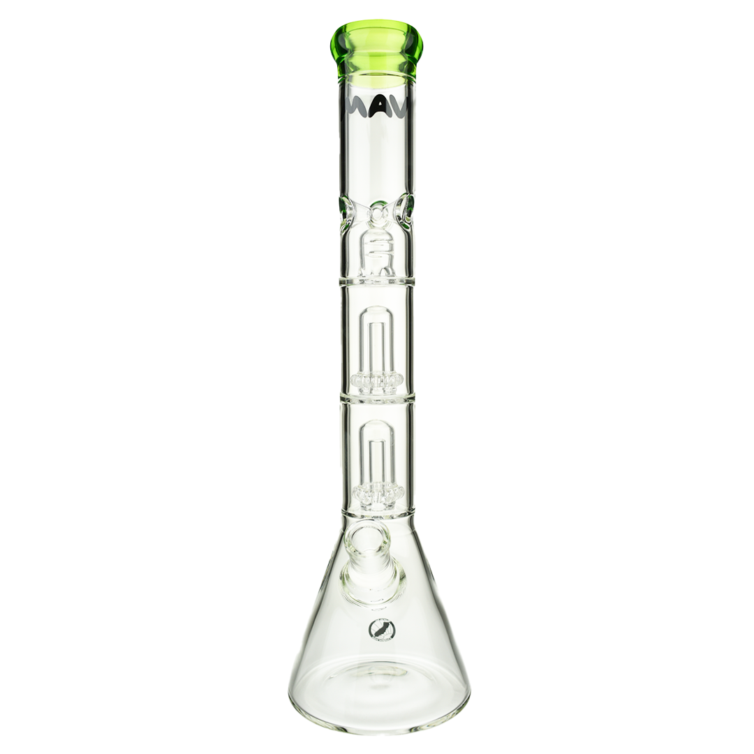 MAV Glass Double UFO Beaker Bong with clear glass and dual percolators, front view on white background