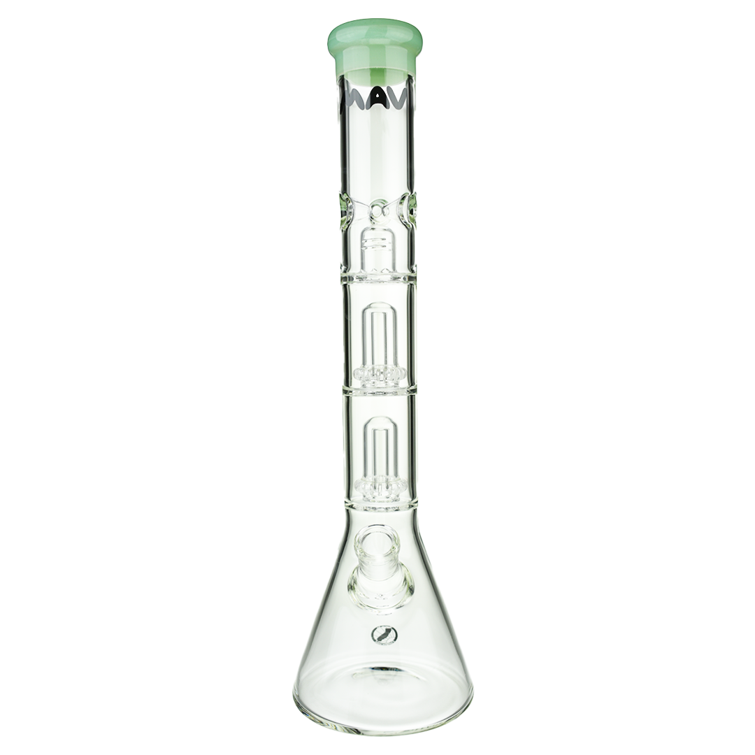 MAV Glass 18" Double UFO Beaker Bong with clear design and 19mm joint size, front view on white background