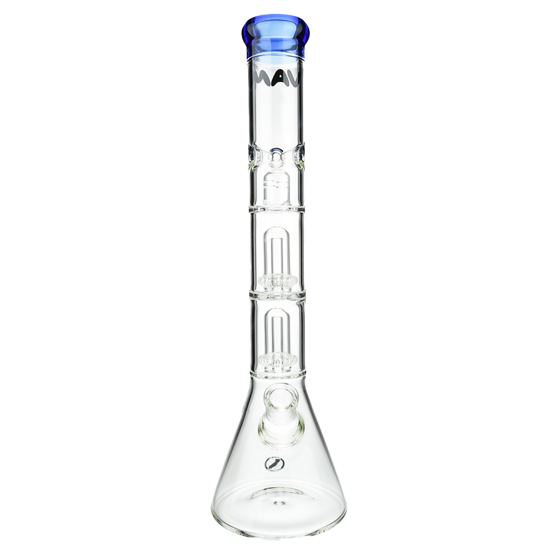 MAV Glass Double UFO Beaker Bong with clear glass and blue accents, front view on white background