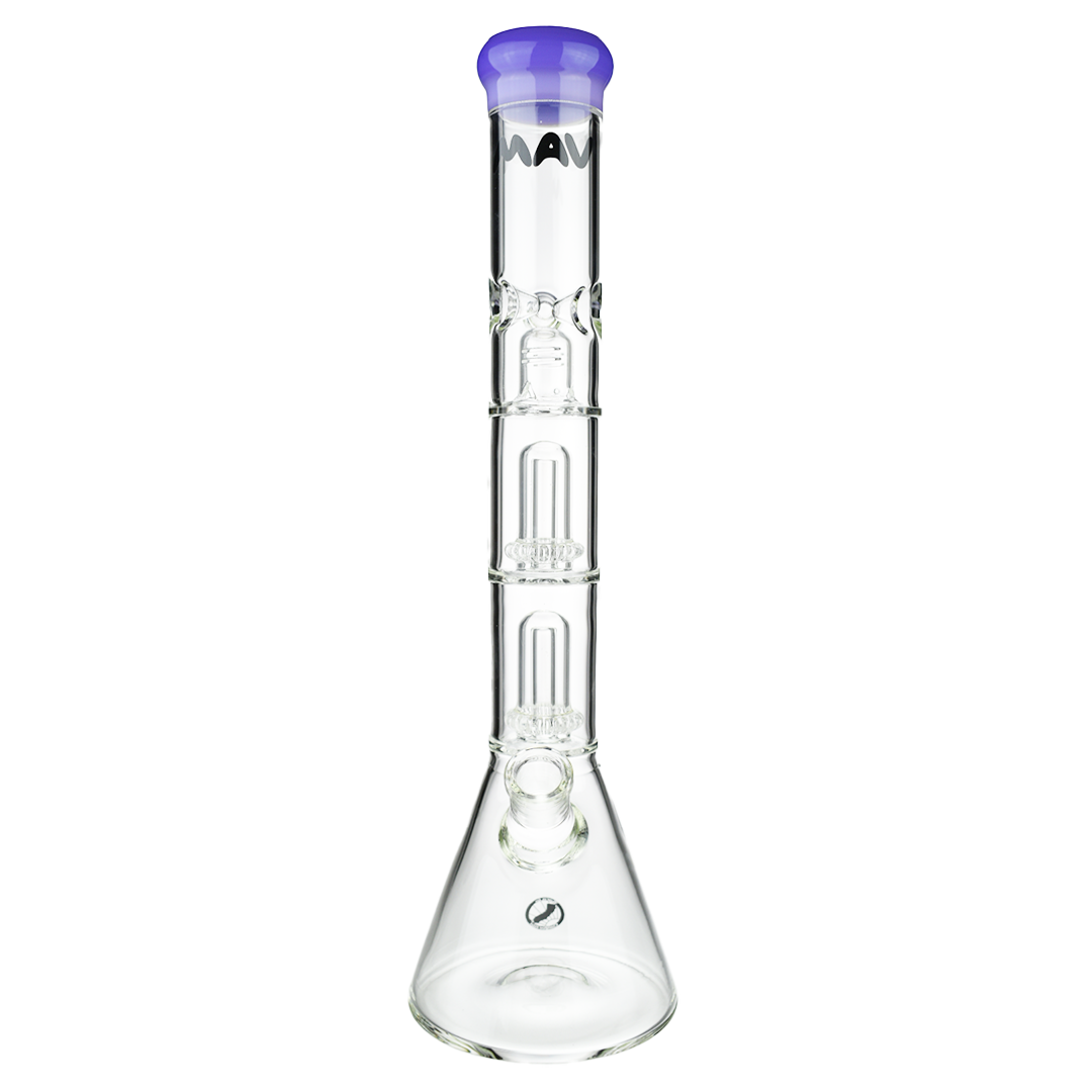 MAV Glass Double UFO Beaker Bong with clear design and 18" height, front view on white background