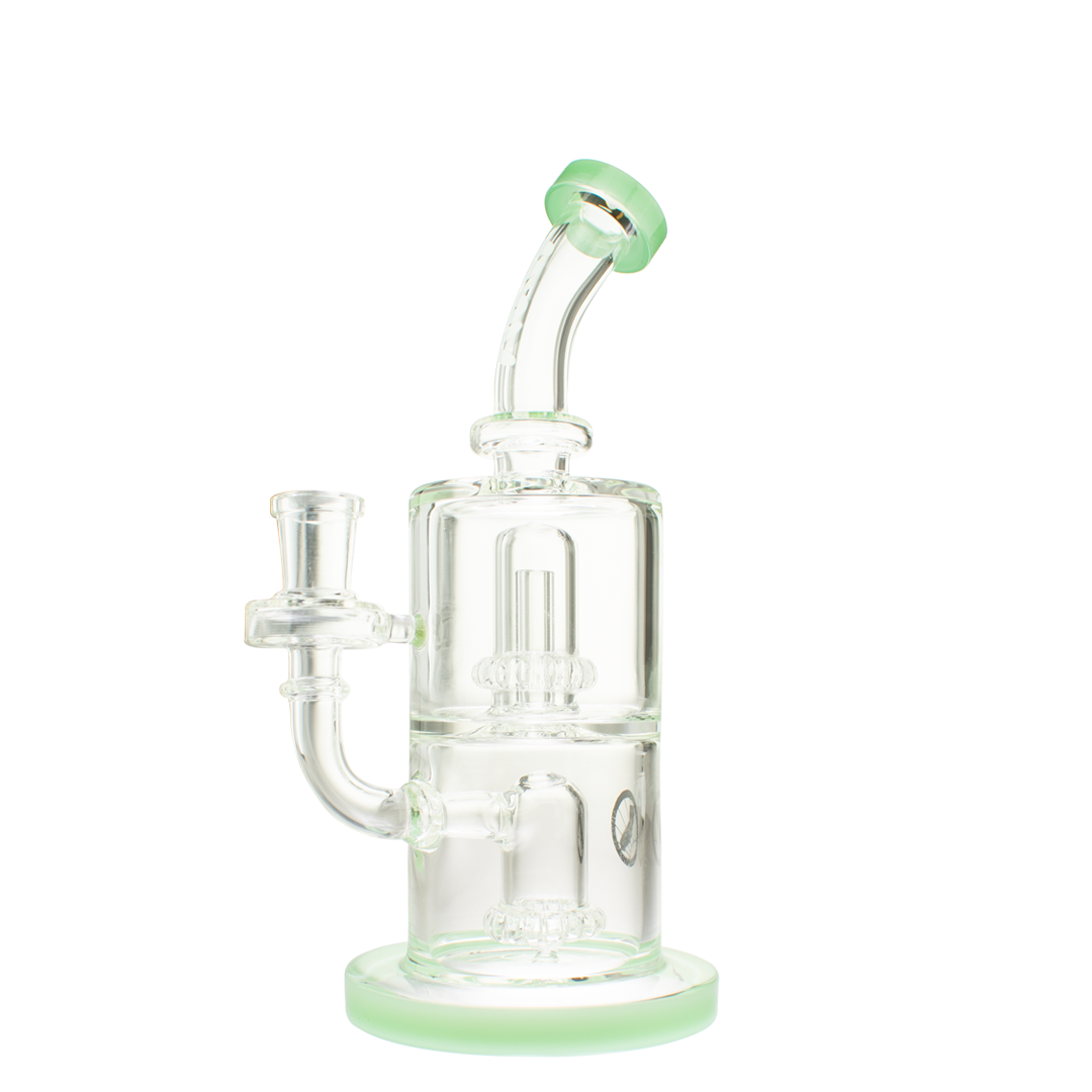 MAV Glass Double Ufo Mini Bent Neck Dab Rig in Sea Foam, Borosilicate Glass, Front View