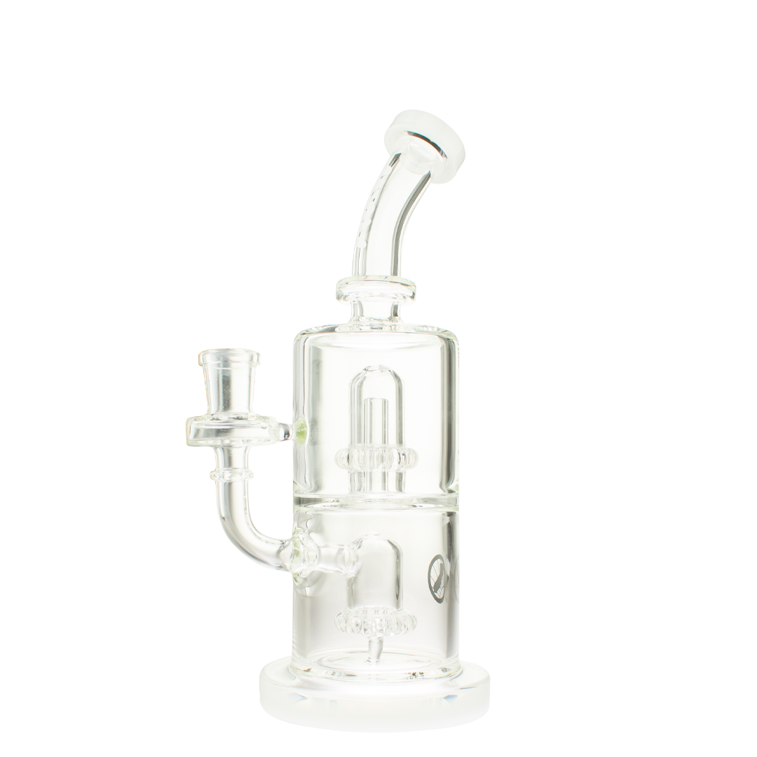 MAV Glass Double Ufo Mini Bent Neck Dab Rig in White, 9" Borosilicate Glass, Front View