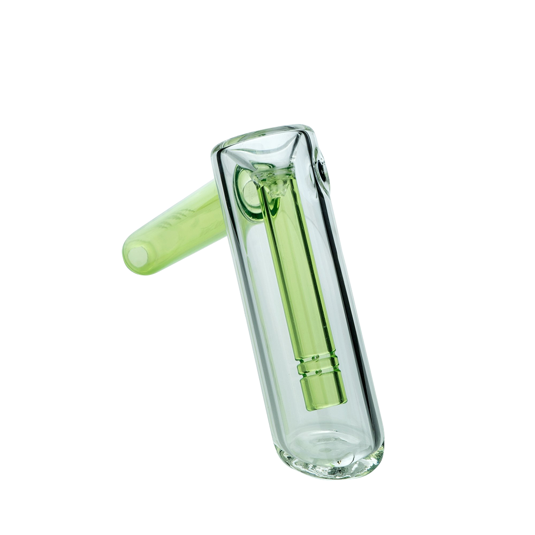MAV Glass Hammer Bubbler in Ooze Green, Compact 4" Height, Angled Side View