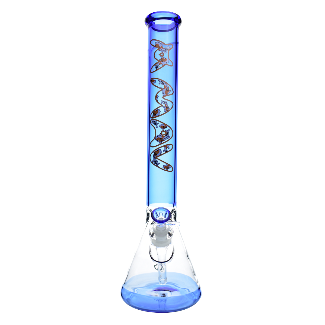MAV Glass Ink Blue Koi 18" Beaker Bong with Koi Fish Design - Front View