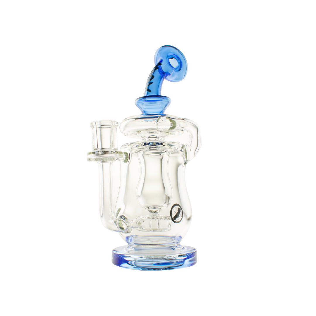 MAV Glass Lido Recycler Dab Rig in Blue with Quartz Beaker Design, Front View on White Background