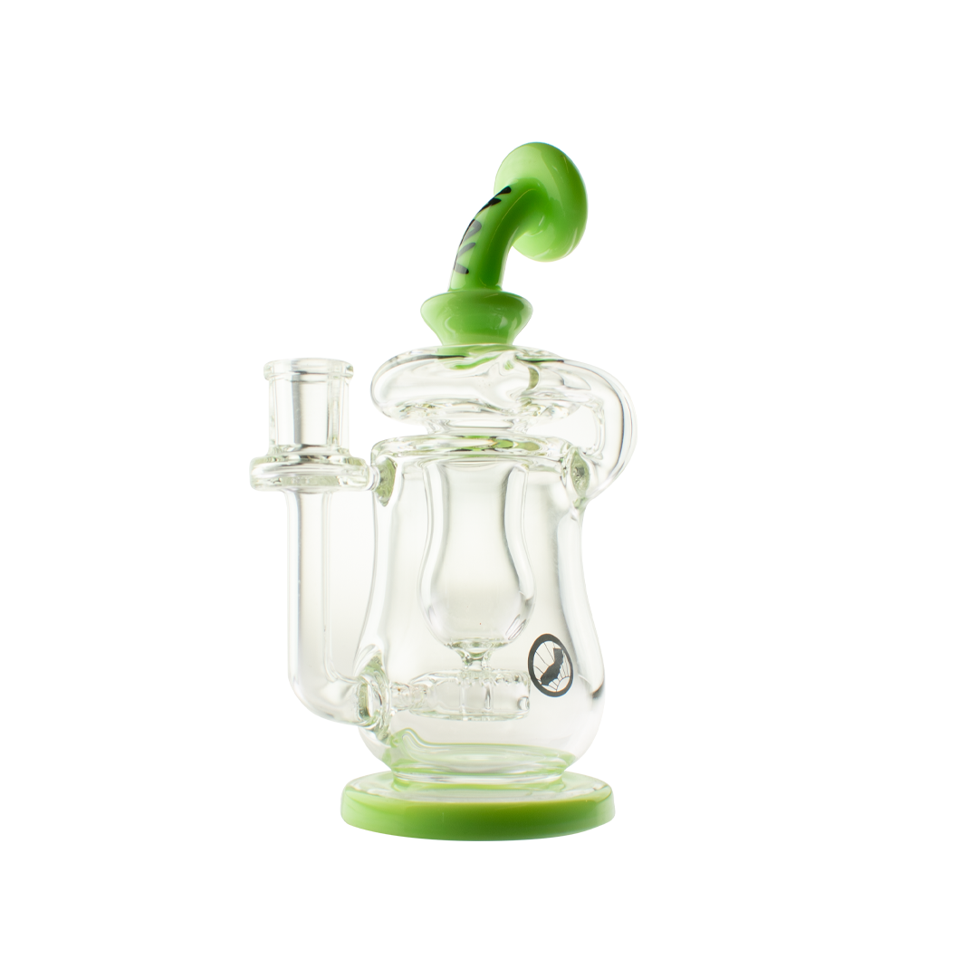 MAV Glass Lido Recycler Dab Rig in Slime variant, 7" height with Quartz material, front view on white background