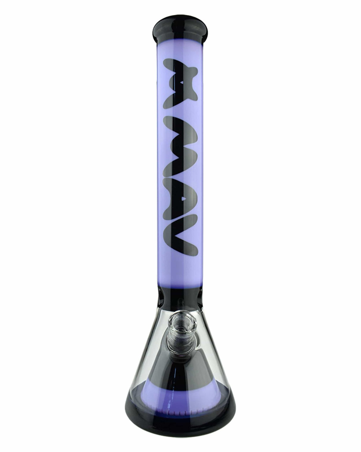 MAV Glass Manhattan Pyramid Perc Beaker Bong in Black Purple, Front View, 18" Tall, Borosilicate Glass