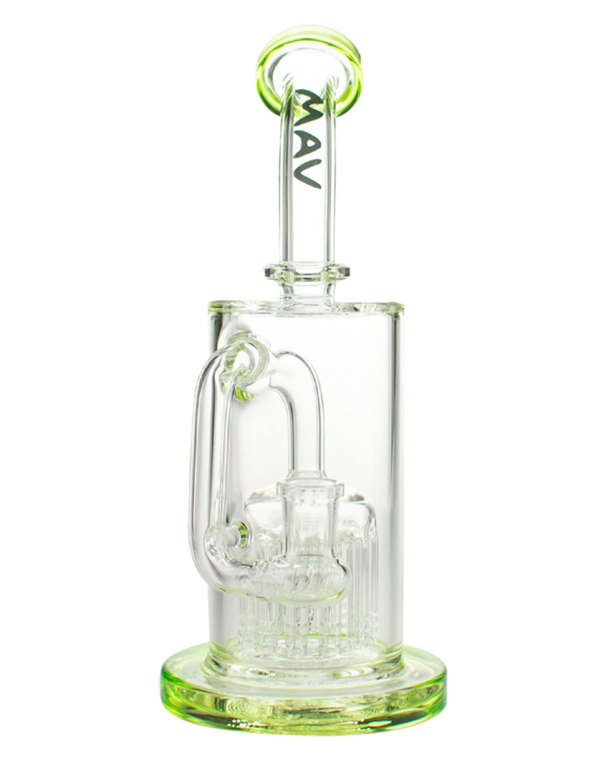 MAV Glass - 12 Arm Sycamore Tree Perc Bong with green accents, front view on white background