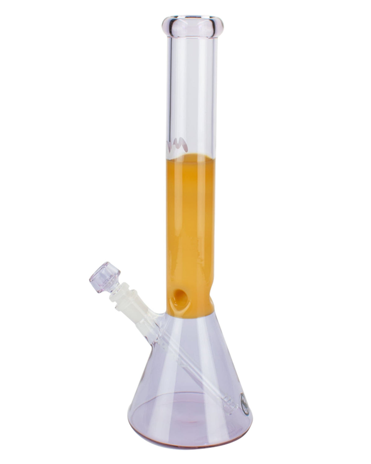 MAV Glass 15" Beaker Bong with 5mm thick glass, clear and yellow design, front view on white background