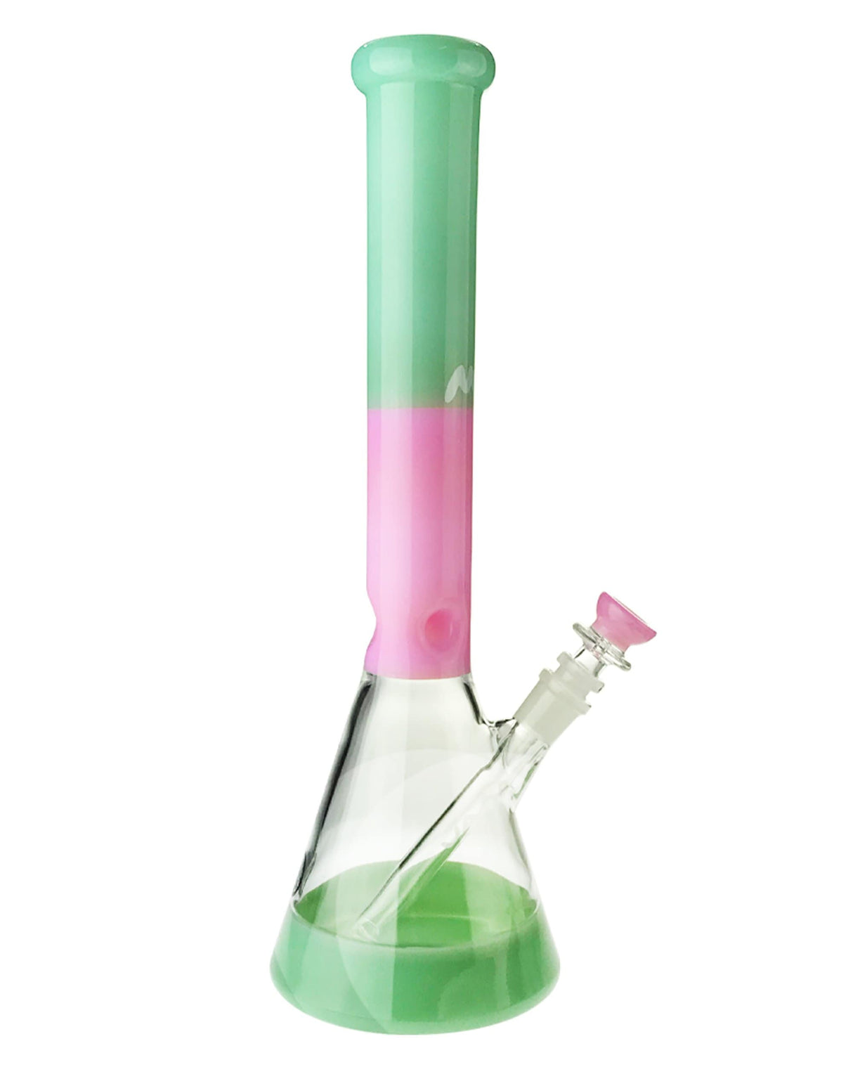 MAV Glass 15" Beaker Bong in clear, green, and pink colors with a slitted percolator, front view on white background
