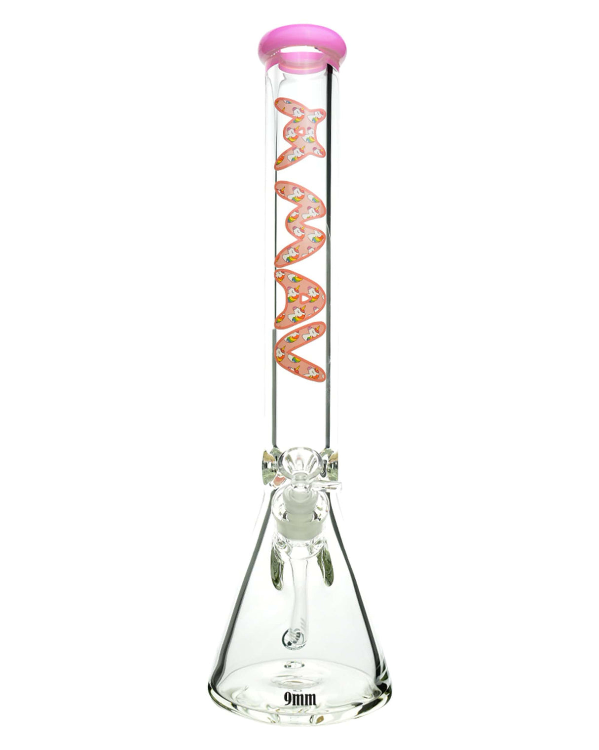 MAV Glass 18" 9mm Pink Unicorn Beaker Bong with Special Decal, Front View, Heavy Wall