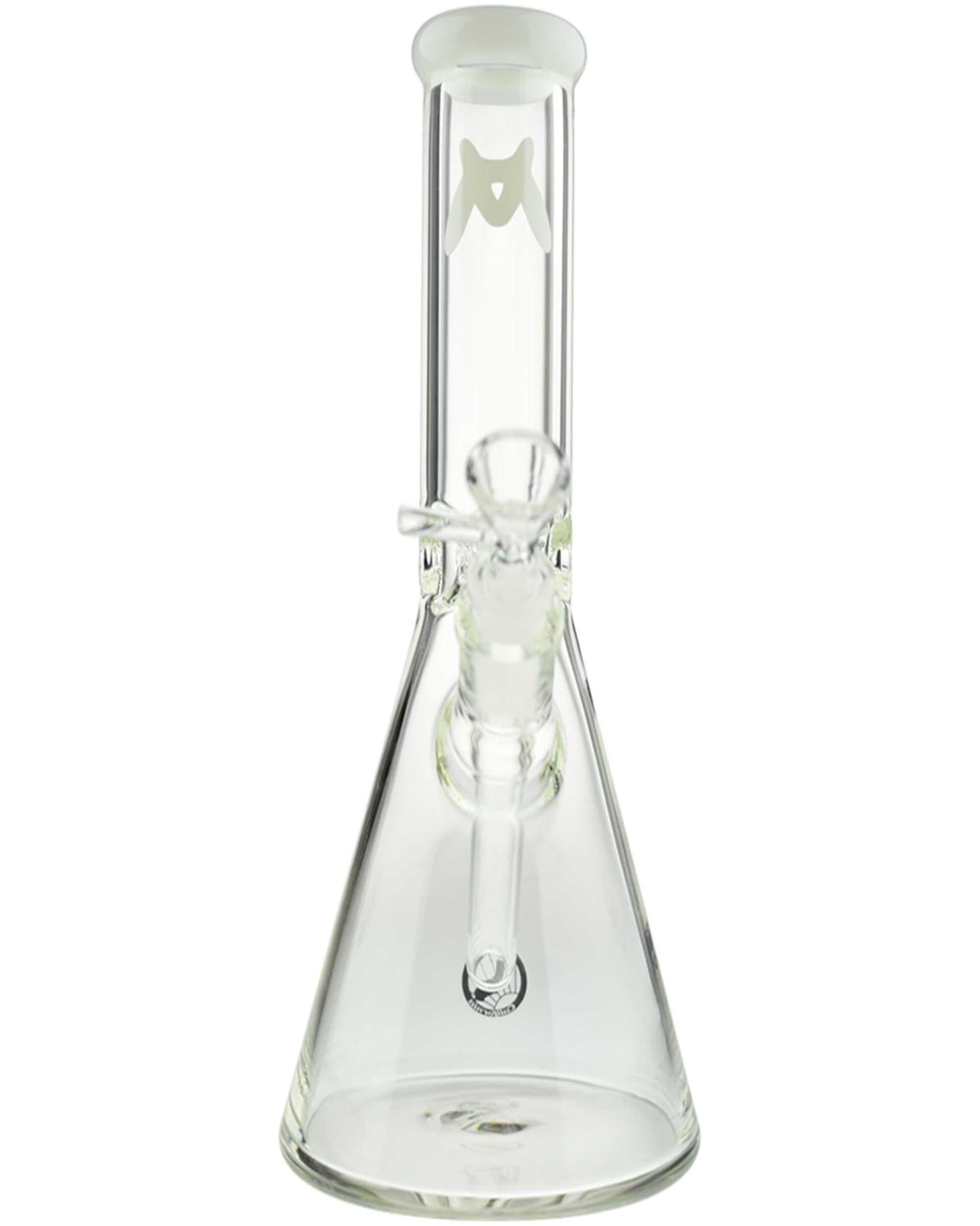 MAV Glass 44mm Color Top Beaker Bong in Clear with MAV logo, Front View, 10" Tall, 5mm Thick