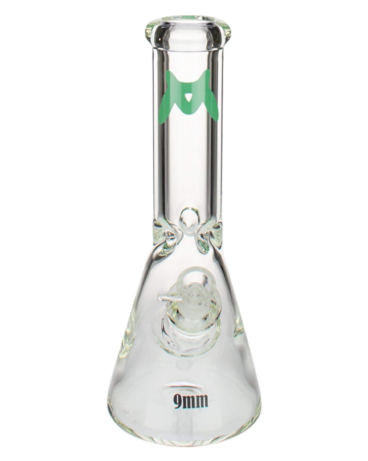 MAV Glass - 9mm Classic Beaker Bong in Clear with Green Accents, Front View on White Background
