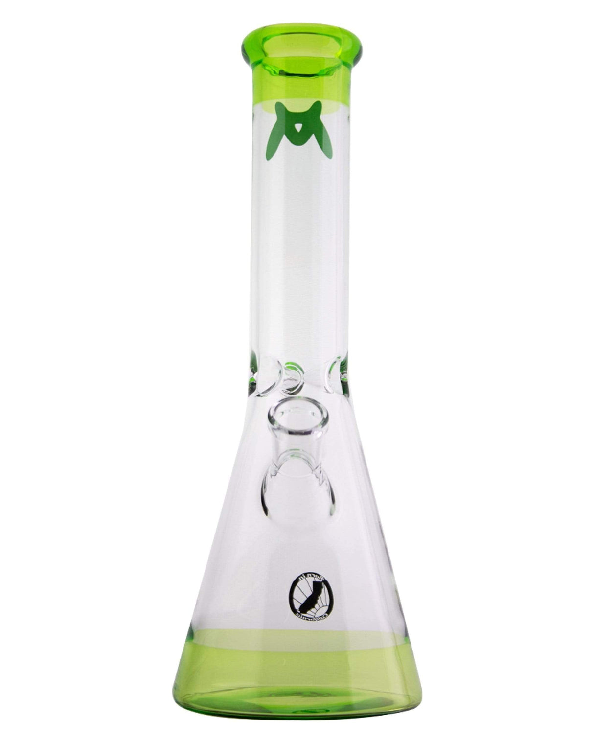 MAV Glass - Green Accent Color Beaker Bong with Percolator, Front View on White Background