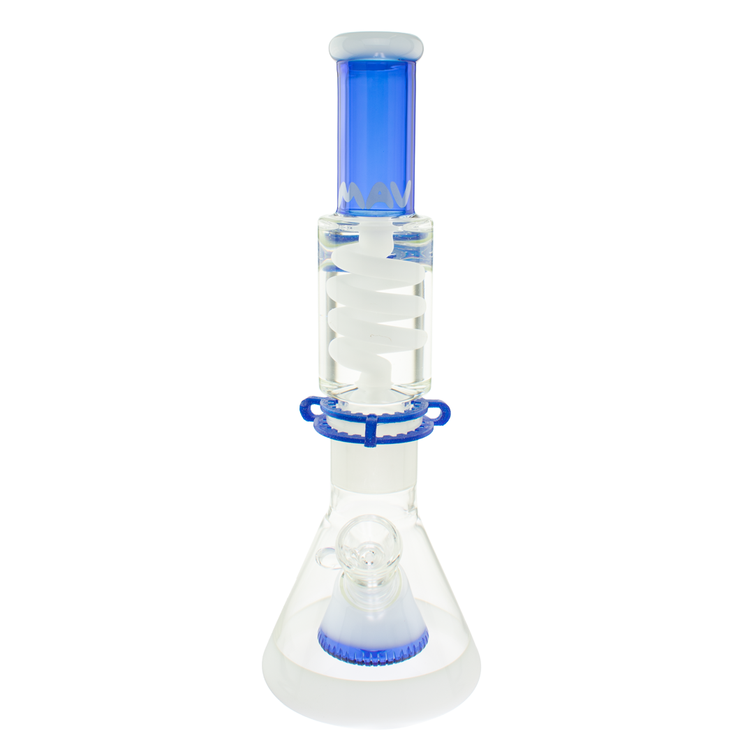 MAV Glass - 2 Tone Blue & White Freezable Coil Beaker Bong with Slitted Pyramid Percolator