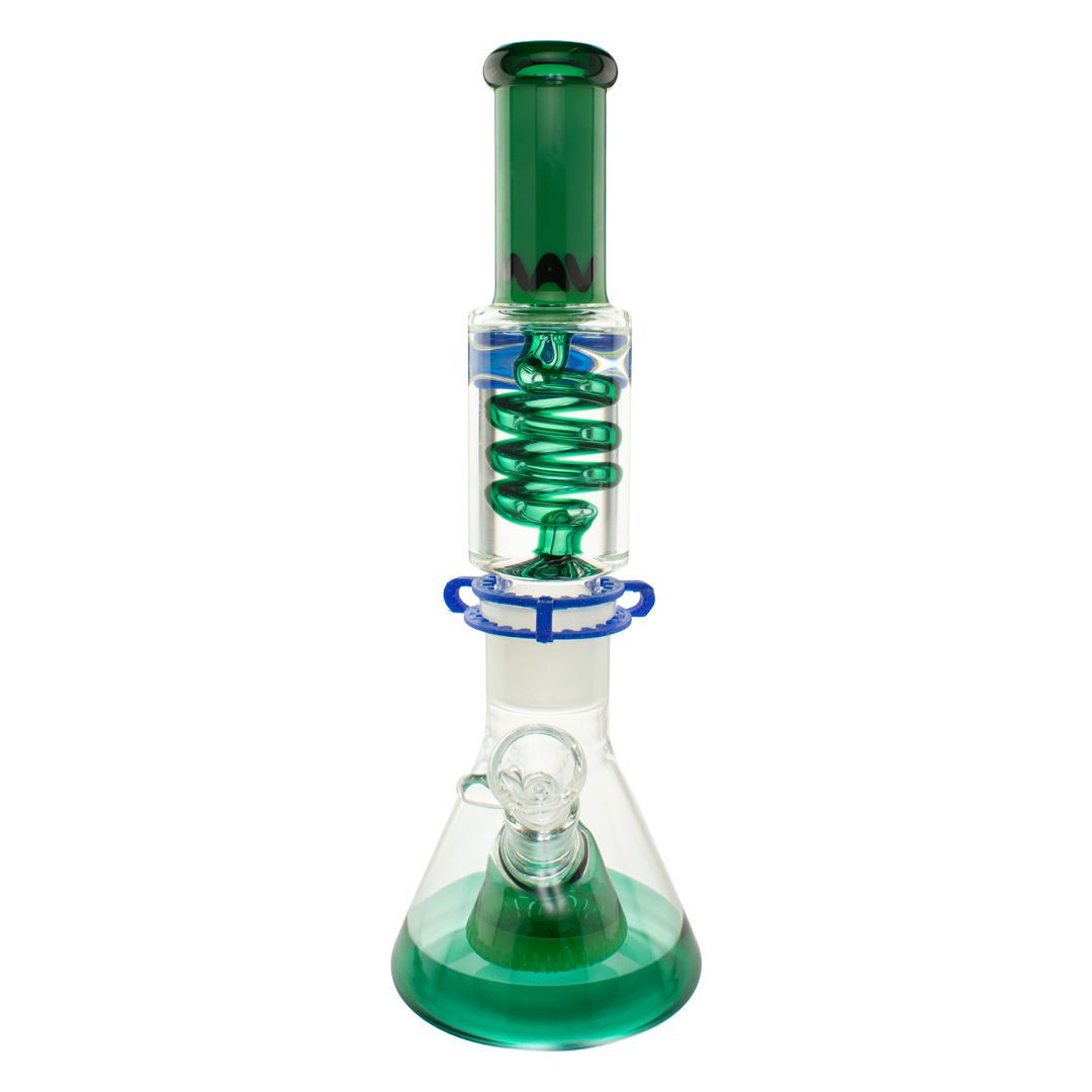 MAV Glass - 2 Tone Teal & Green Pyramid Beaker with Freezable Coil, Slitted Percolator, Front View