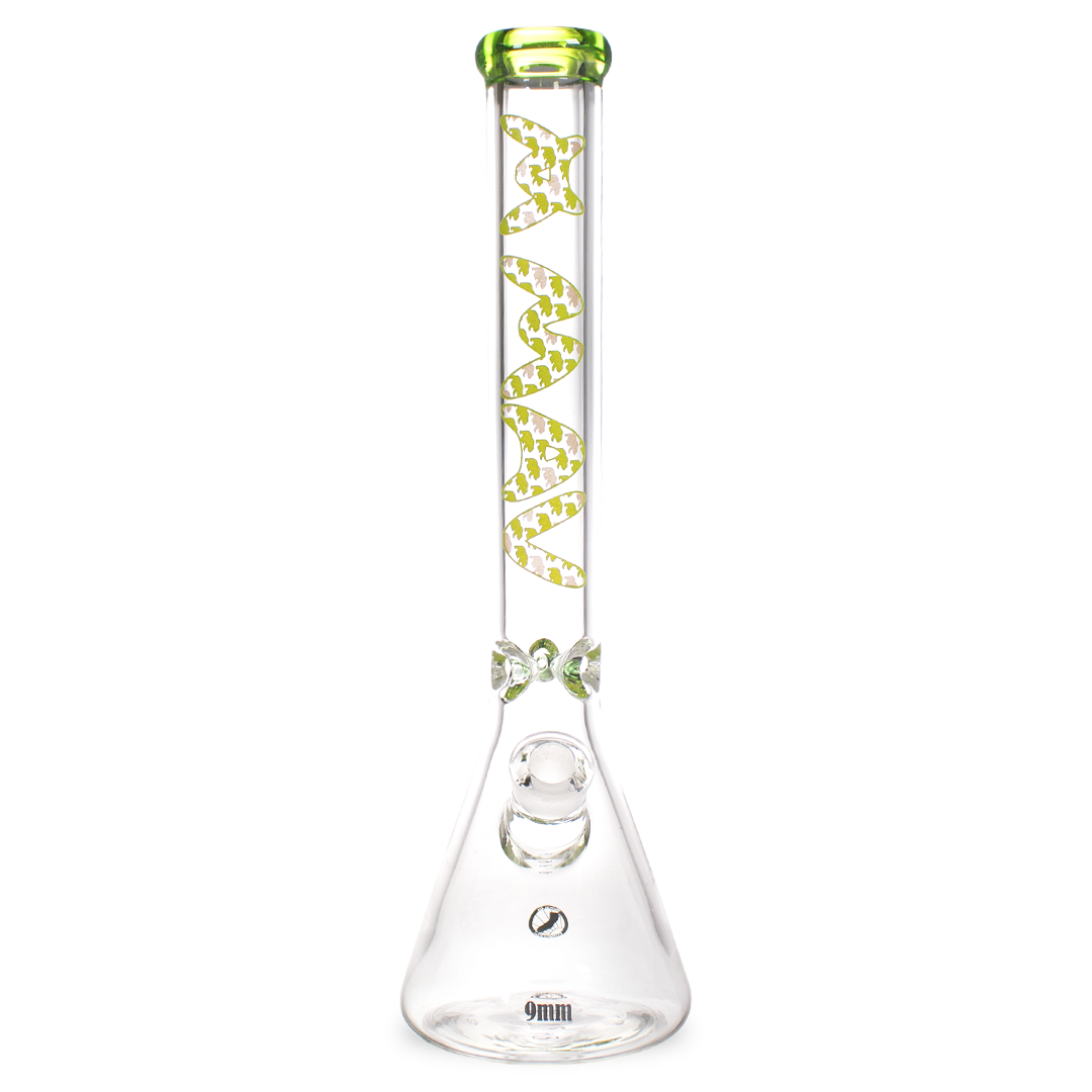 MAV Glass - 9mm Thick Ooze Bears Beaker Bong, 18" Height, Front View on White Background